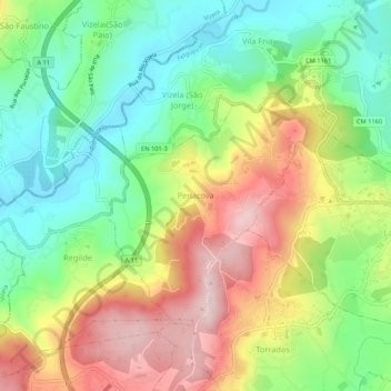 Mapa topográfico Penacova, altitude, relevo