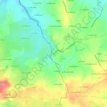 Mapa topográfico Courneuve, altitude, relevo