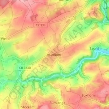 Mapa topográfico Asselborn, altitude, relevo