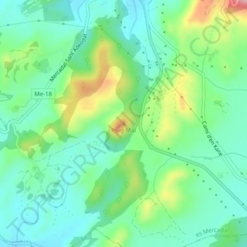 Mapa topográfico Puig Mal, altitude, relevo