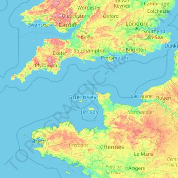 Mapa topográfico Alderney, altitude, relevo