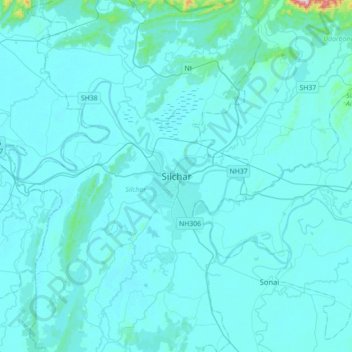 Mapa topográfico Silchar, altitude, relevo