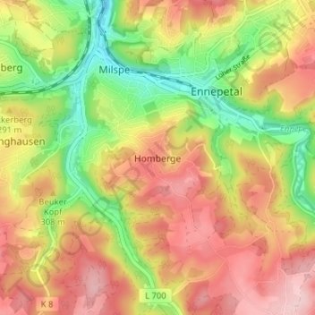 Mapa topográfico Homberge, altitude, relevo