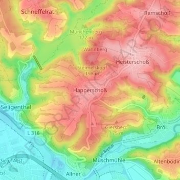Mapa topográfico Happerschoß, altitude, relevo