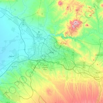 Mapa topográfico Tabriz, altitude, relevo