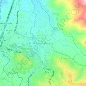 Mapa topográfico Babakan Madang, altitude, relevo