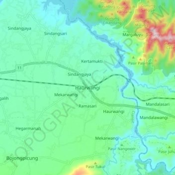 Mapa topográfico Haurwangi, altitude, relevo