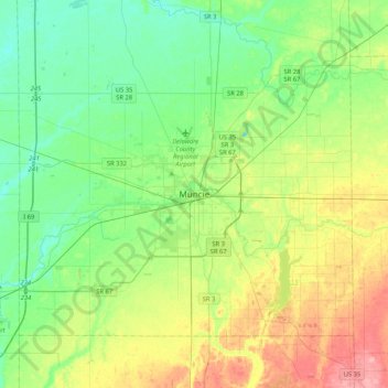Mapa topográfico Muncie, altitude, relevo
