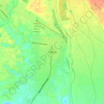 Mapa topográfico Timika, altitude, relevo