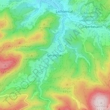 Mapa topográfico Geroldsau, altitude, relevo