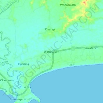 Mapa topográfico Wanasalam, altitude, relevo