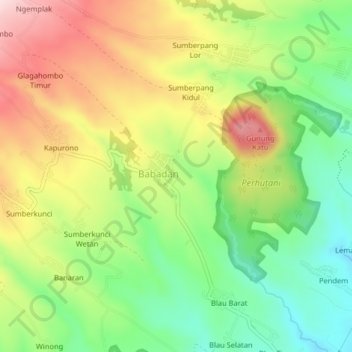 Mapa topográfico Babadan, altitude, relevo