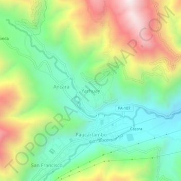 Mapa topográfico Yarhuay, altitude, relevo