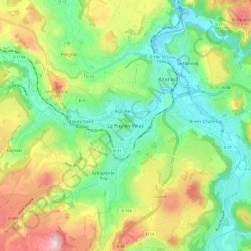 Mapa topográfico Le Puy-en-Velay, altitude, relevo