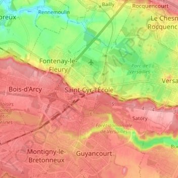 Mapa topográfico Saint-Cyr-l'École, altitude, relevo