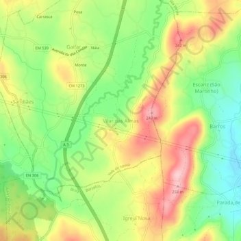 Mapa topográfico Vilar das Almas, altitude, relevo
