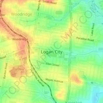 Mapa topográfico Logan City, altitude, relevo