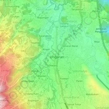 Mapa topográfico Sembungan, altitude, relevo