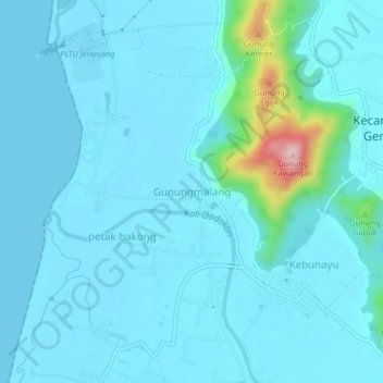Mapa topográfico Gunungmalang, altitude, relevo