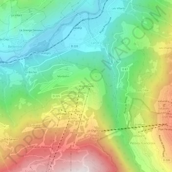 Mapa topográfico Montchavin, altitude, relevo
