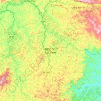 Mapa topográfico Conselheiro Lafaiete, altitude, relevo