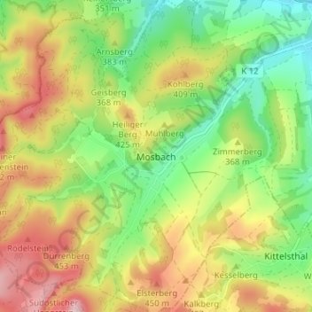 Mapa topográfico Mosbach, altitude, relevo