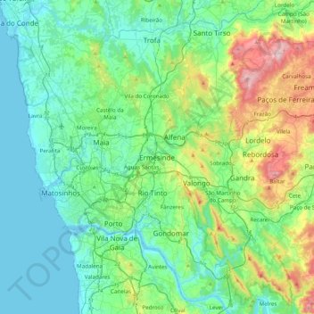 Mapa topográfico Ermesinde, altitude, relevo