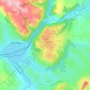 Mapa topográfico Crouzols, altitude, relevo