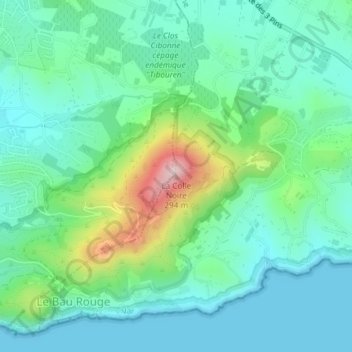 Mapa topográfico La Colle Noire, altitude, relevo