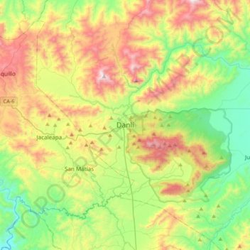 Mapa topográfico Danlí, altitude, relevo