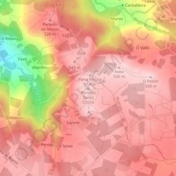 Mapa topográfico Penedo Samil, altitude, relevo