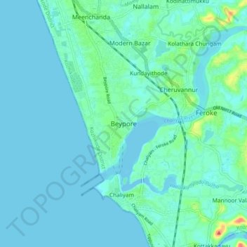 Mapa topográfico Beypore, altitude, relevo