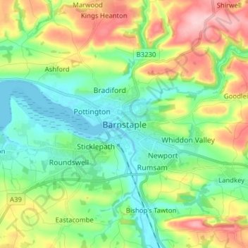 Mapa topográfico Barnstaple, altitude, relevo