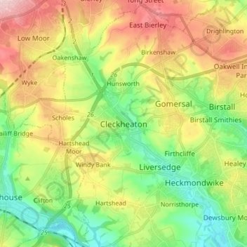 Mapa topográfico Cleckheaton, altitude, relevo