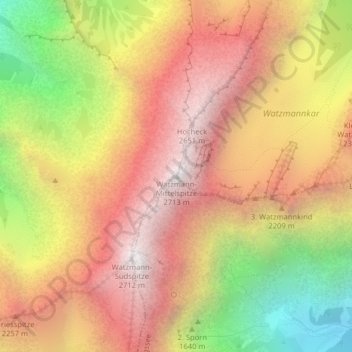 Mapa topográfico Watzmann-Mittelspitze, altitude, relevo