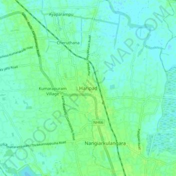 Mapa topográfico Haripad, altitude, relevo