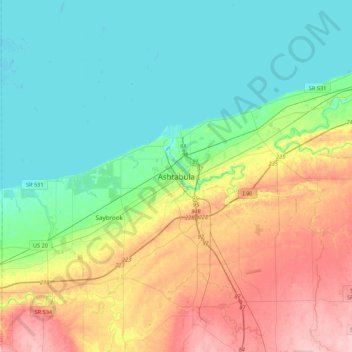 Mapa topográfico Ashtabula, altitude, relevo