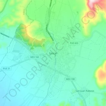 Mapa topográfico Izúcar, altitude, relevo