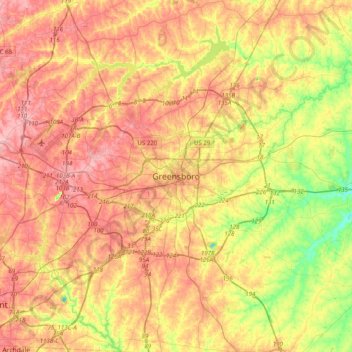 Mapa topográfico Greensboro, altitude, relevo