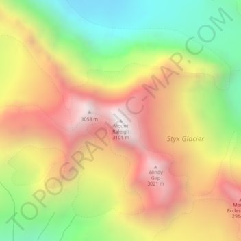 Mapa topográfico Mount Raleigh, altitude, relevo