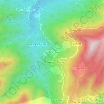 Mapa topográfico Pethuparai, altitude, relevo