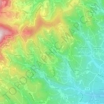 Mapa topográfico Les Martins, altitude, relevo