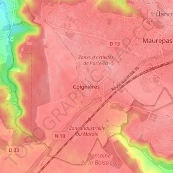 Mapa topográfico Coignières, altitude, relevo