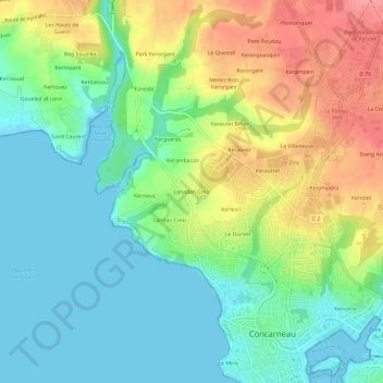 Mapa topográfico Lanadan Creiz, altitude, relevo