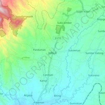 Mapa topográfico Jelbuk, altitude, relevo