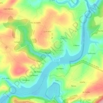 Mapa topográfico Barreiro, altitude, relevo