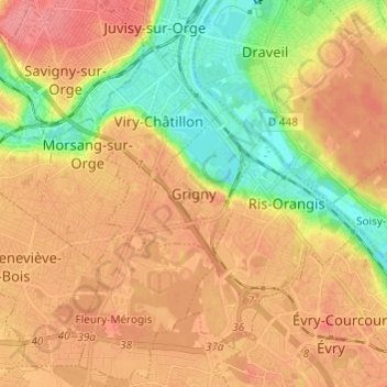 Mapa topográfico Grigny, altitude, relevo