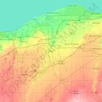 Mapa topográfico Elyria, altitude, relevo