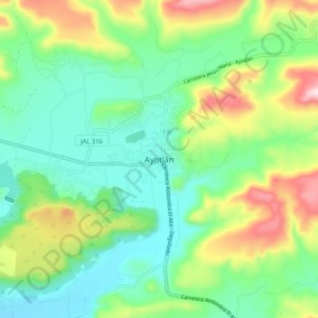 Mapa topográfico Ayotlán, altitude, relevo