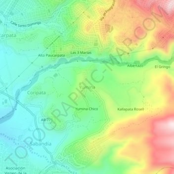 Mapa topográfico Yumina, altitude, relevo